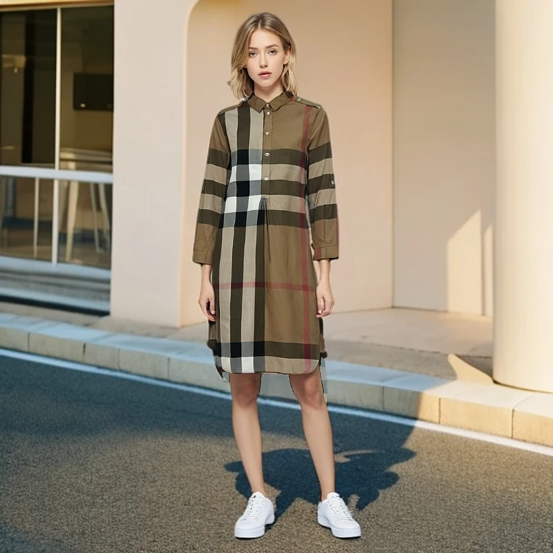 99新 BURBERRY/博柏利 /连衣裙/格纹翻领连衣裙/收腰款/0010017