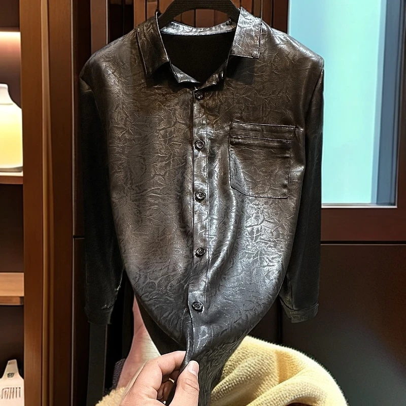 新款2025早春新款男士休闲百搭衬衫黑色亮面翻领长袖