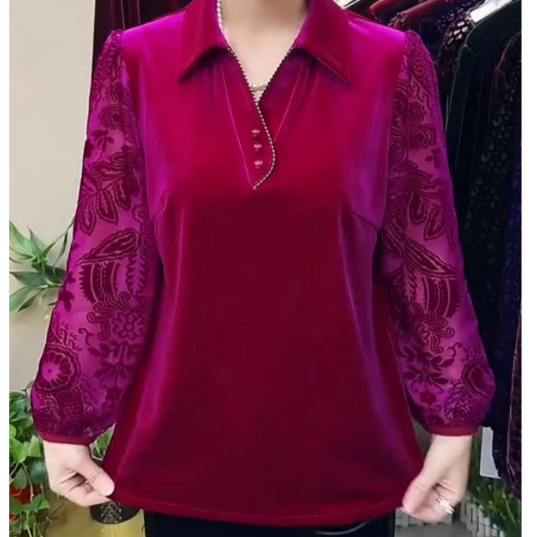 中老年新款时尚丝绒翻领洋气妈妈衫春秋