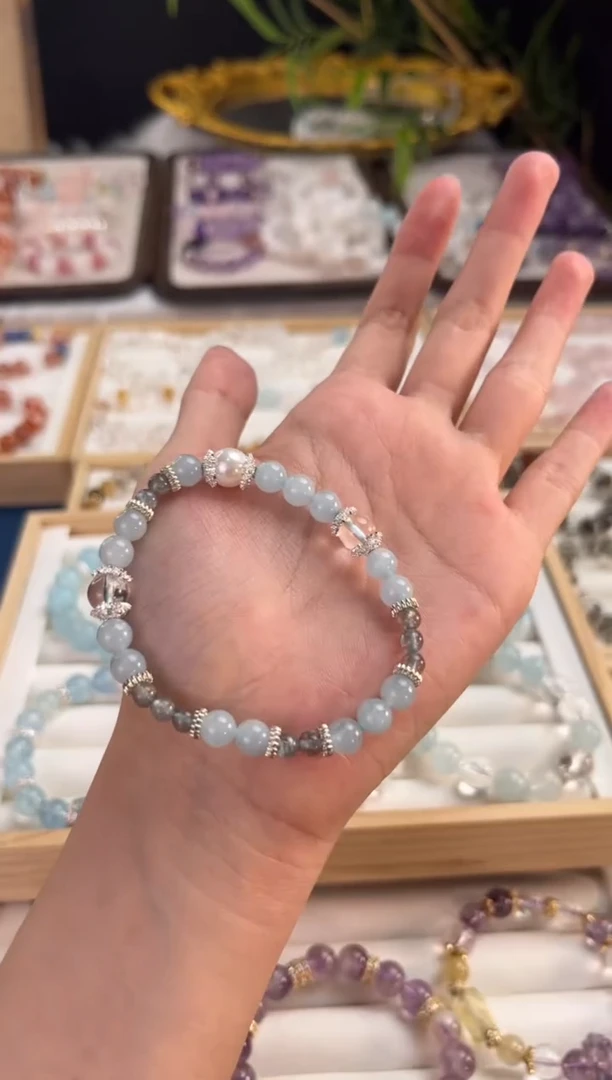 水晶手链未镶嵌海蓝宝+灰月光+贝珠