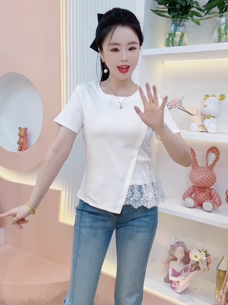 大码女装夏季新款时尚大衫女韩版重工刺绣荷叶边显瘦碎花短袖T恤