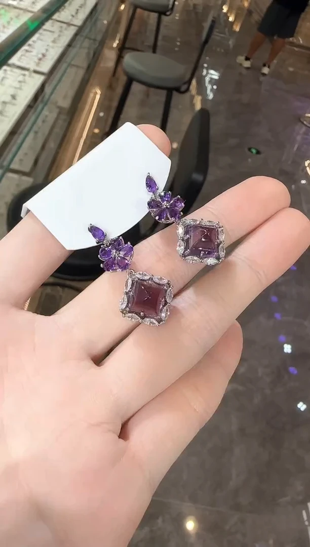银S925镶嵌耳饰紫晶9mm糖塔耳坠