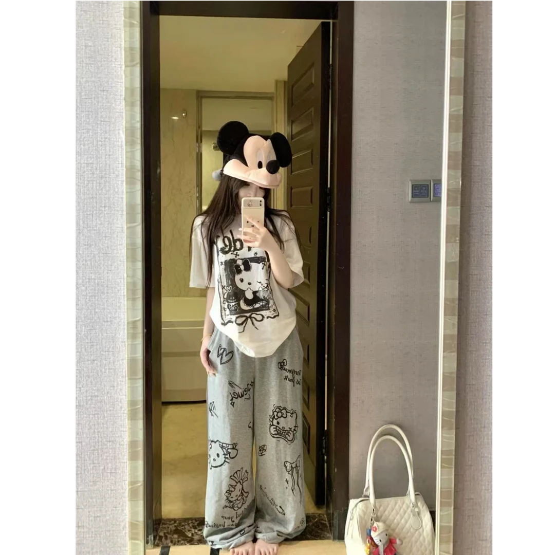 2025趣味卡通猫咪印花休闲五分裤子女夏季新款百搭灰色长裤阔腿裤