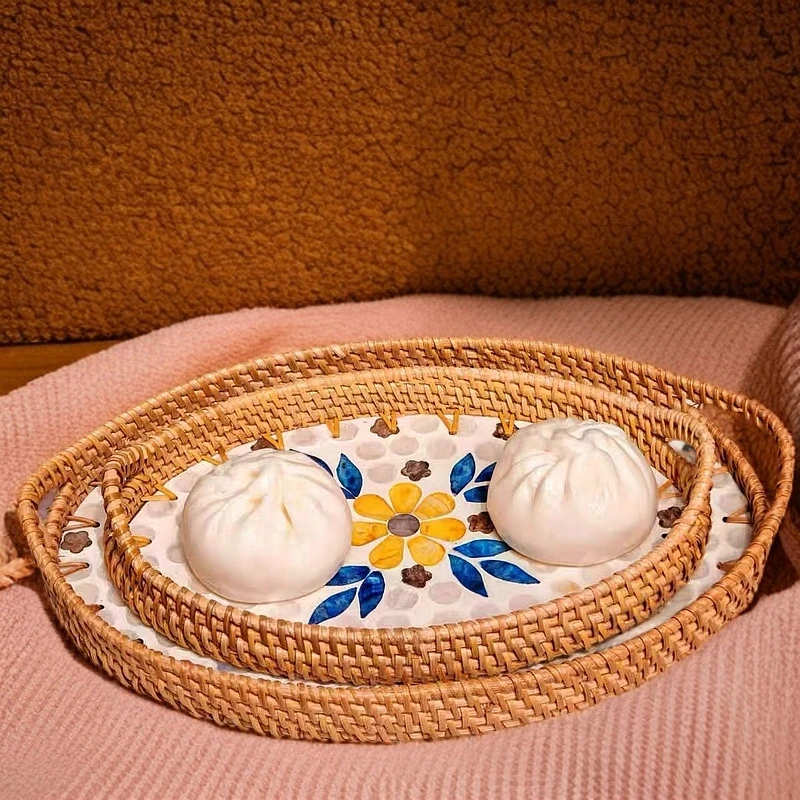 贝壳托盘圆形收纳茶盘藤编中大号手工彩色果盘家用创意日式摆放