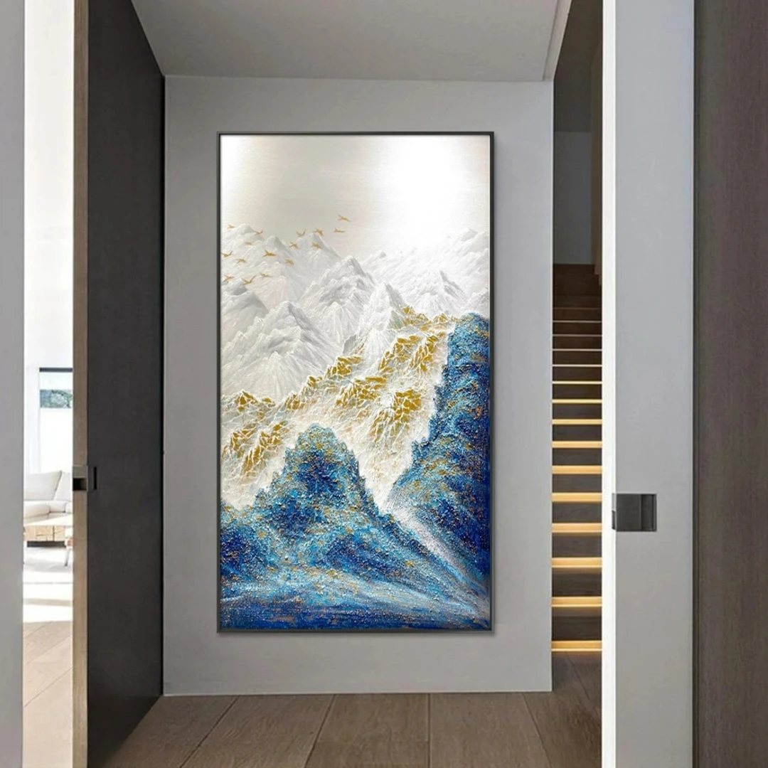 《孔雀蓝金山》砂岩肌理感装饰画玄关餐厅床头高端简约大气客厅走廊