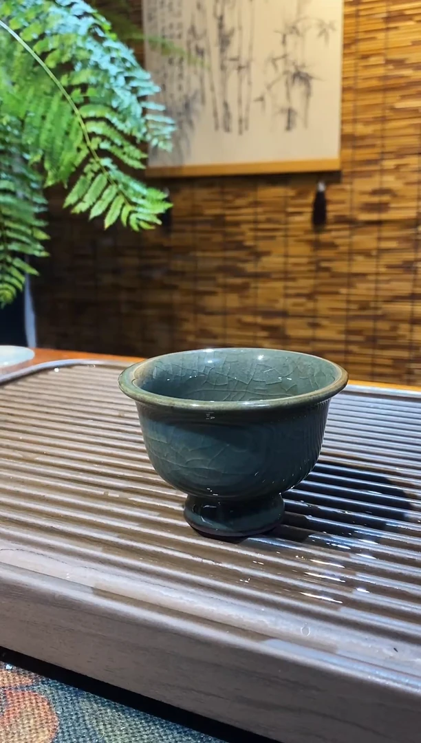 山隐青瓷龙窑柴烧杯子 高足杯 铁胎梅子青釉  60CC
