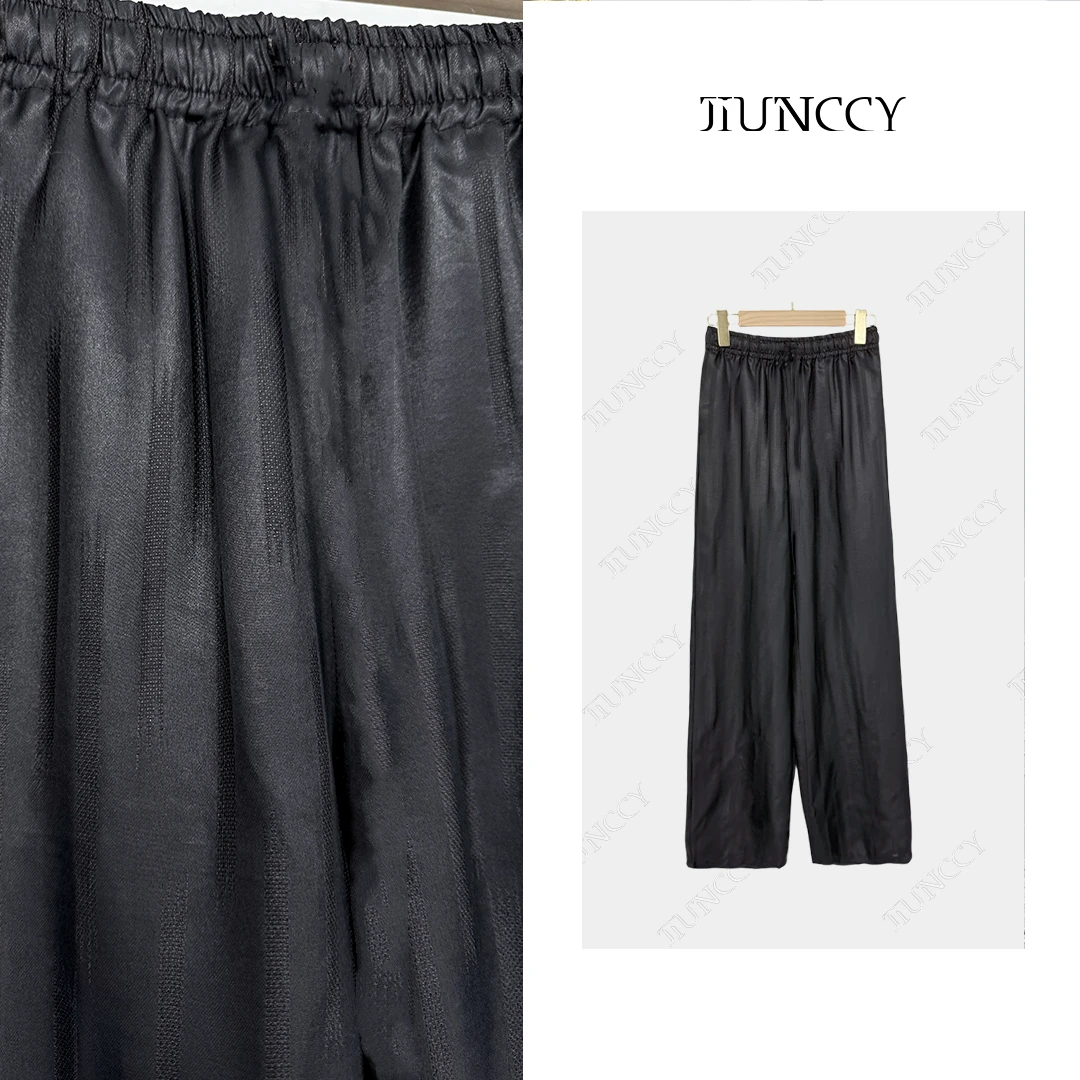 JIUNCCY【墨玉】桑蚕丝暗条竖纹百搭黑色松紧腰休闲长裤 52YCK033