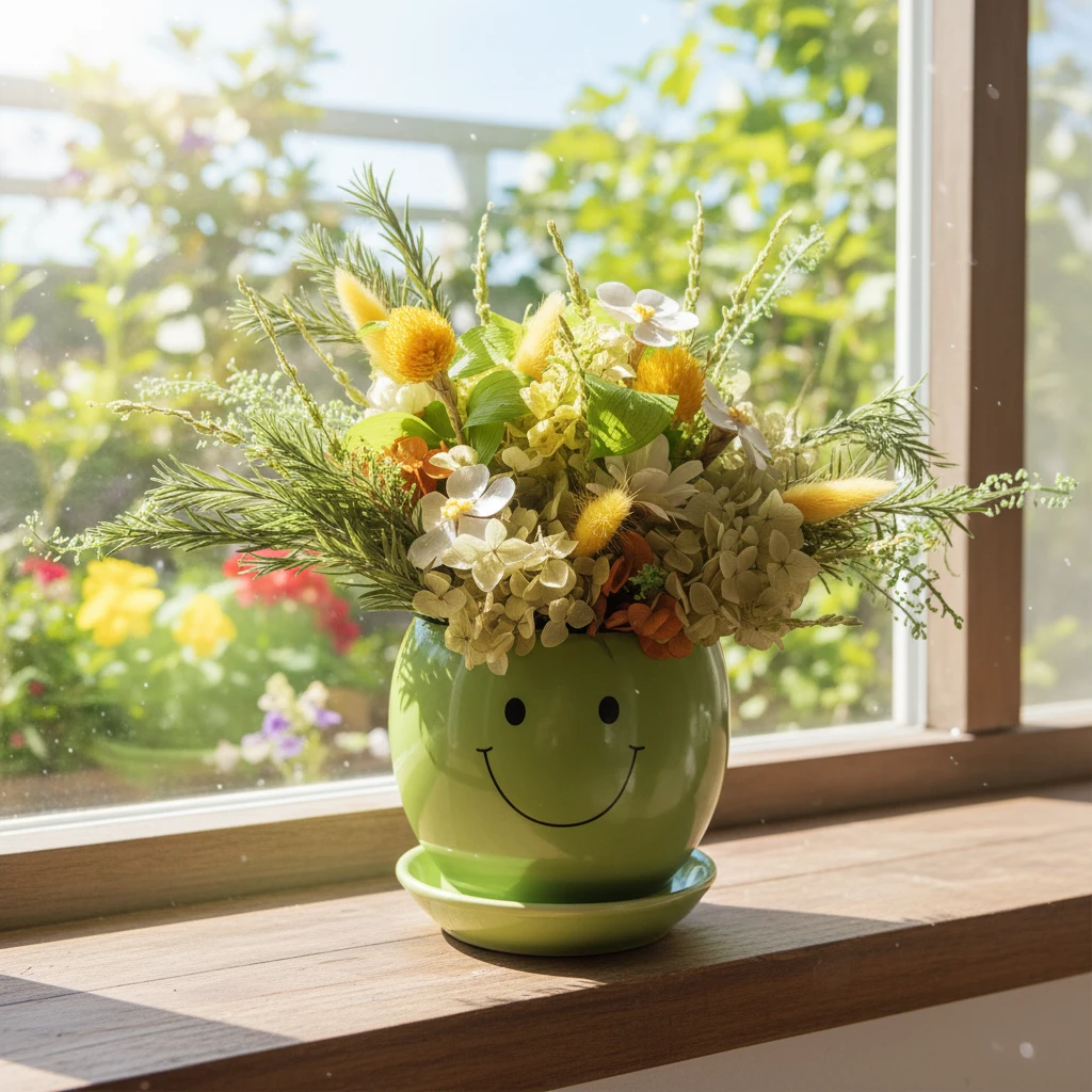 【缤果】治愈系笑脸花盆花艺 黄绿调永生花混搭 家居送礼装饰摆件