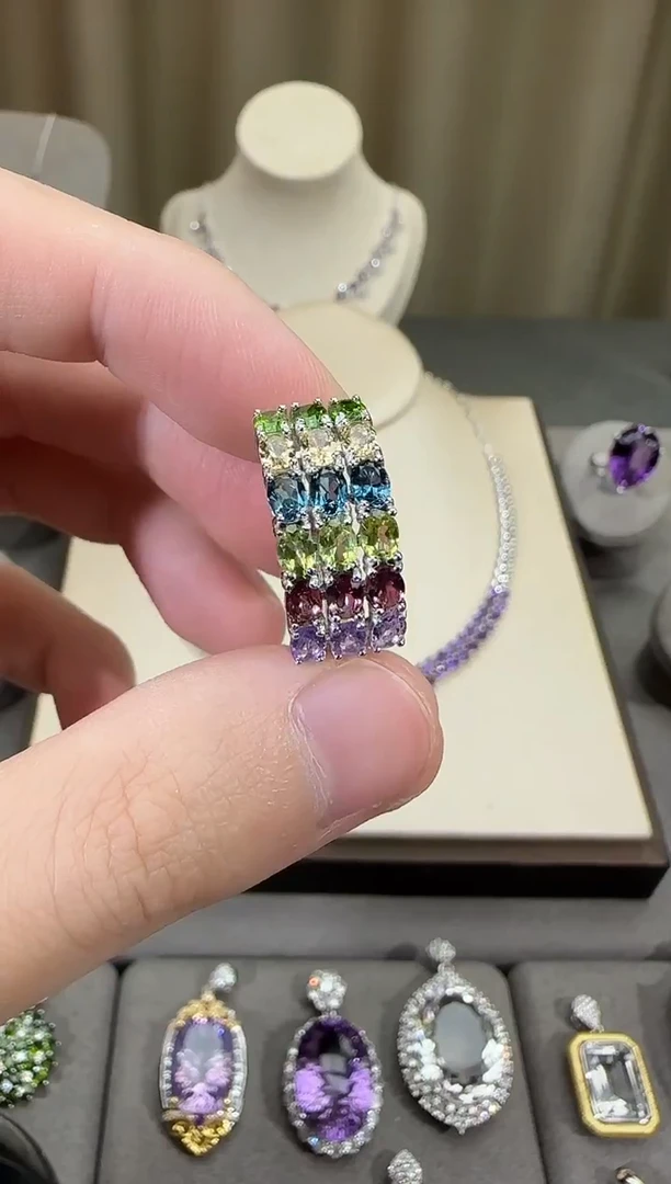 银S925镶嵌戒指水晶11mm多彩宝排戒款