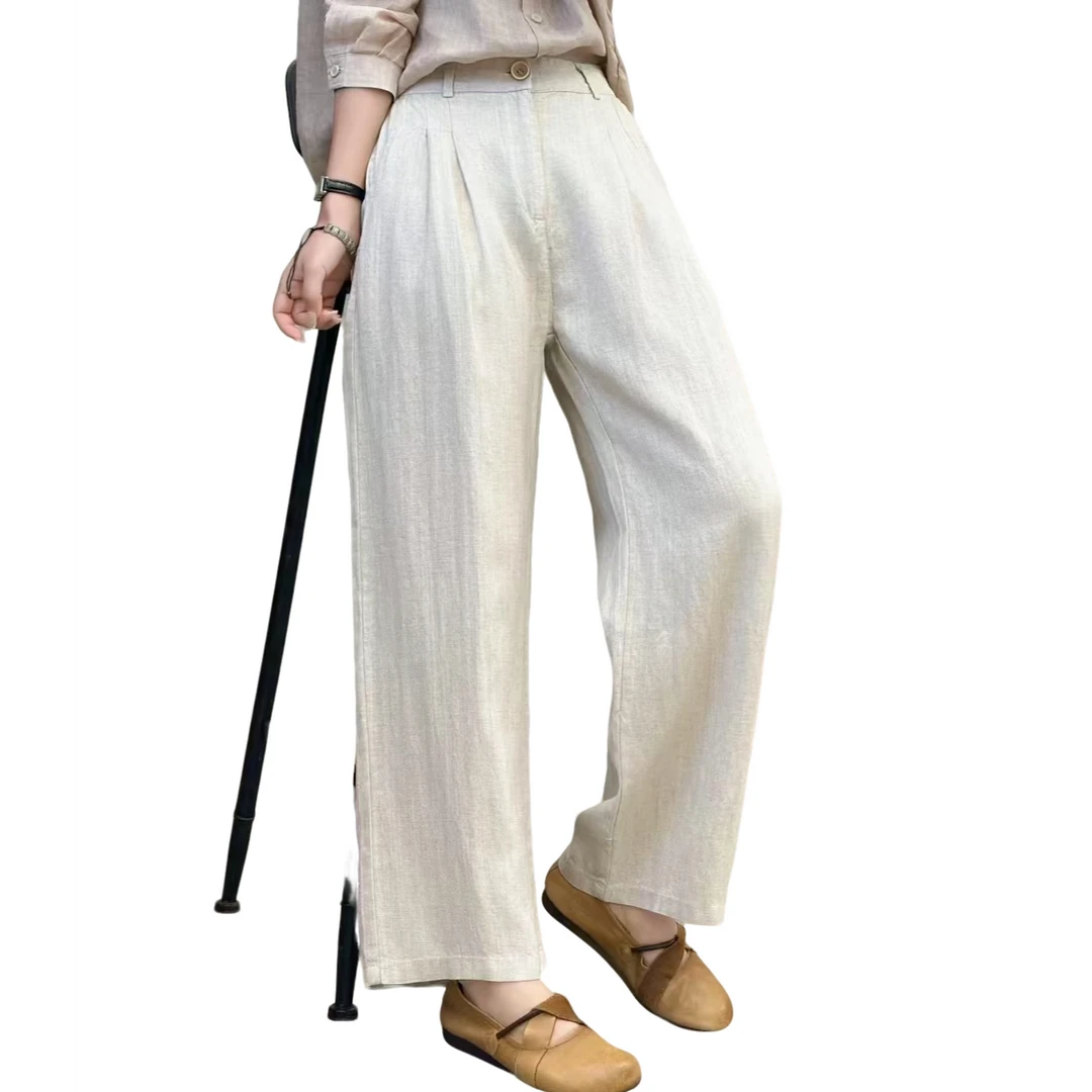 纯亚麻休闲百搭垂感高腰时尚夏季复古薄款纯色国风休闲裤宽松