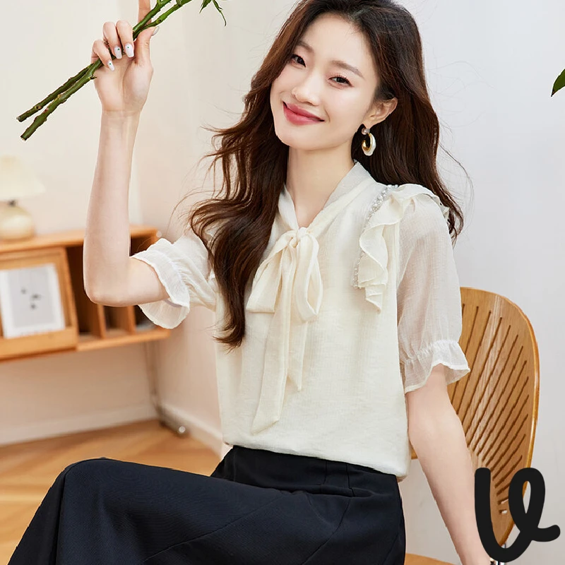 法式蝴蝶结飘带钉珠短袖雪纺衬衫女2025新款夏季漂亮气质显瘦上衣