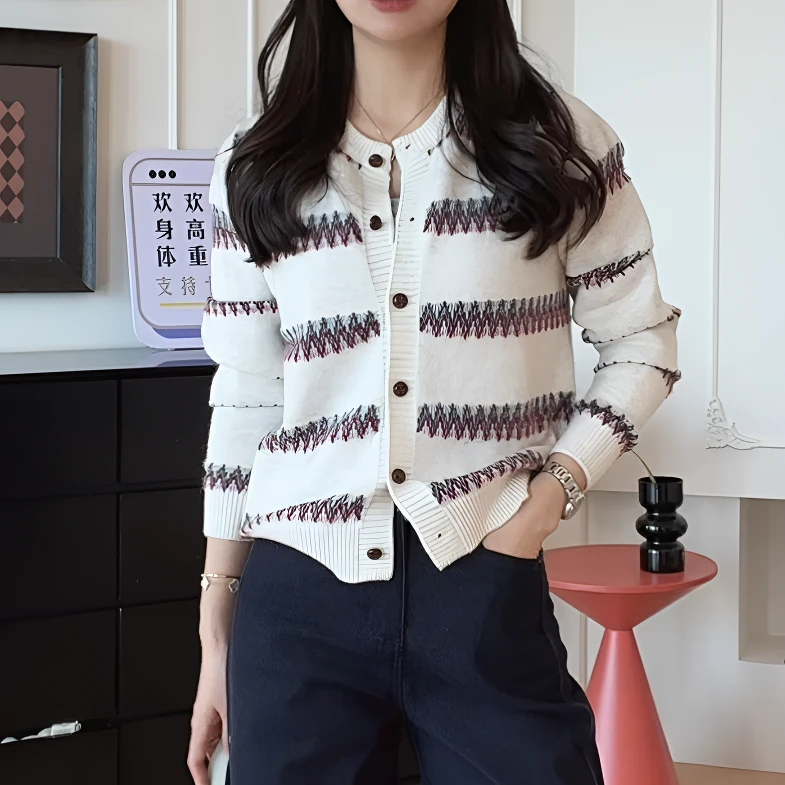 【YHH】春季时尚潮流气质撞色圆领纽扣长袖开衫毛衣针织-YHW50012