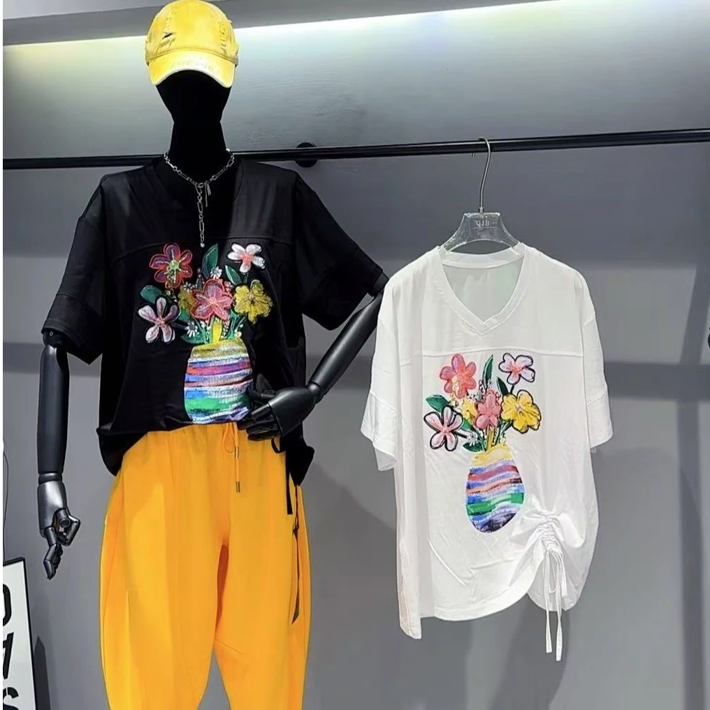 【合肥欢欢】“花期”个性印花抽绳宽松休闲显瘦潮V领短袖T恤女夏678