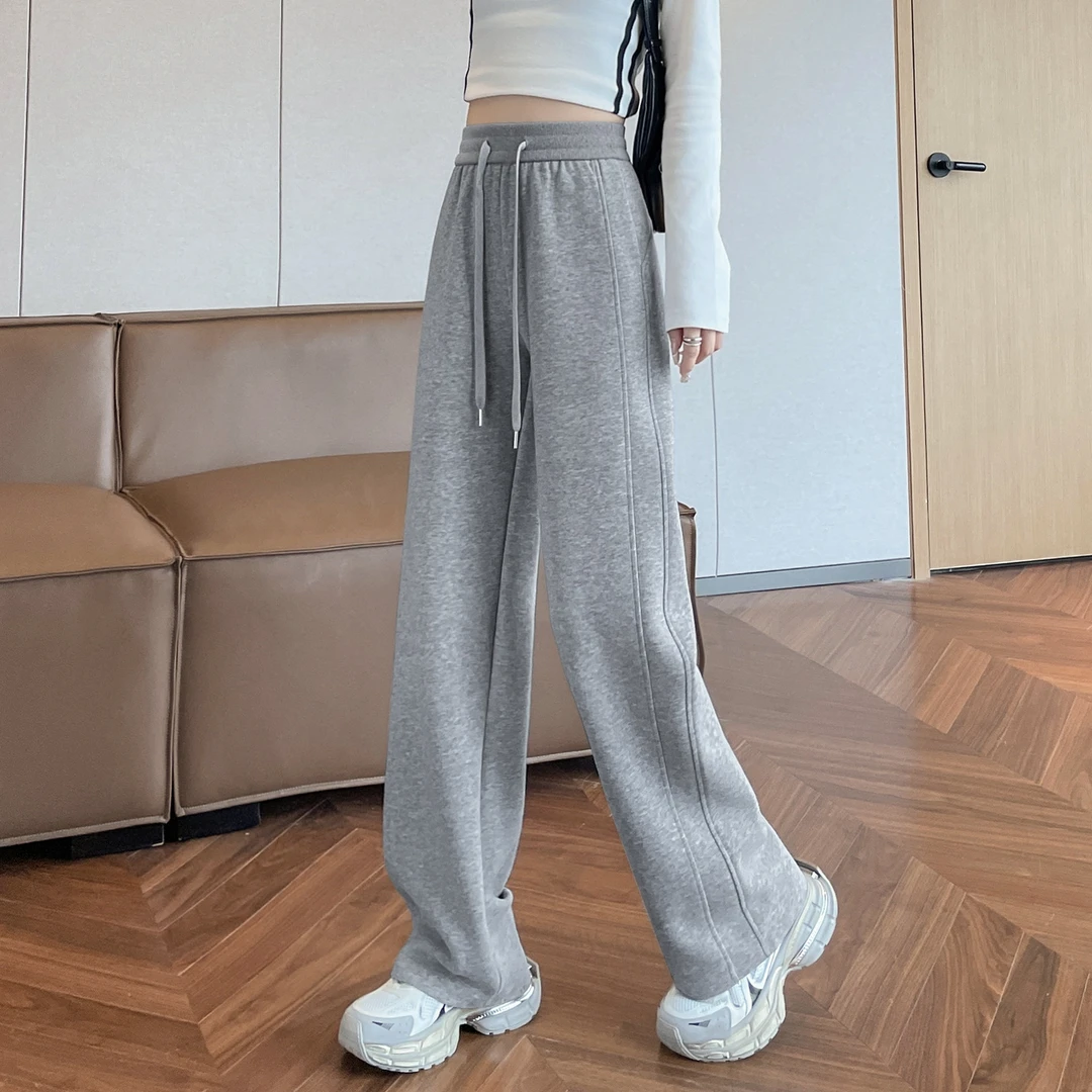 运动休闲直筒阔腿裤女秋冬加绒2025新款高腰松紧灰色窄版香蕉卫裤