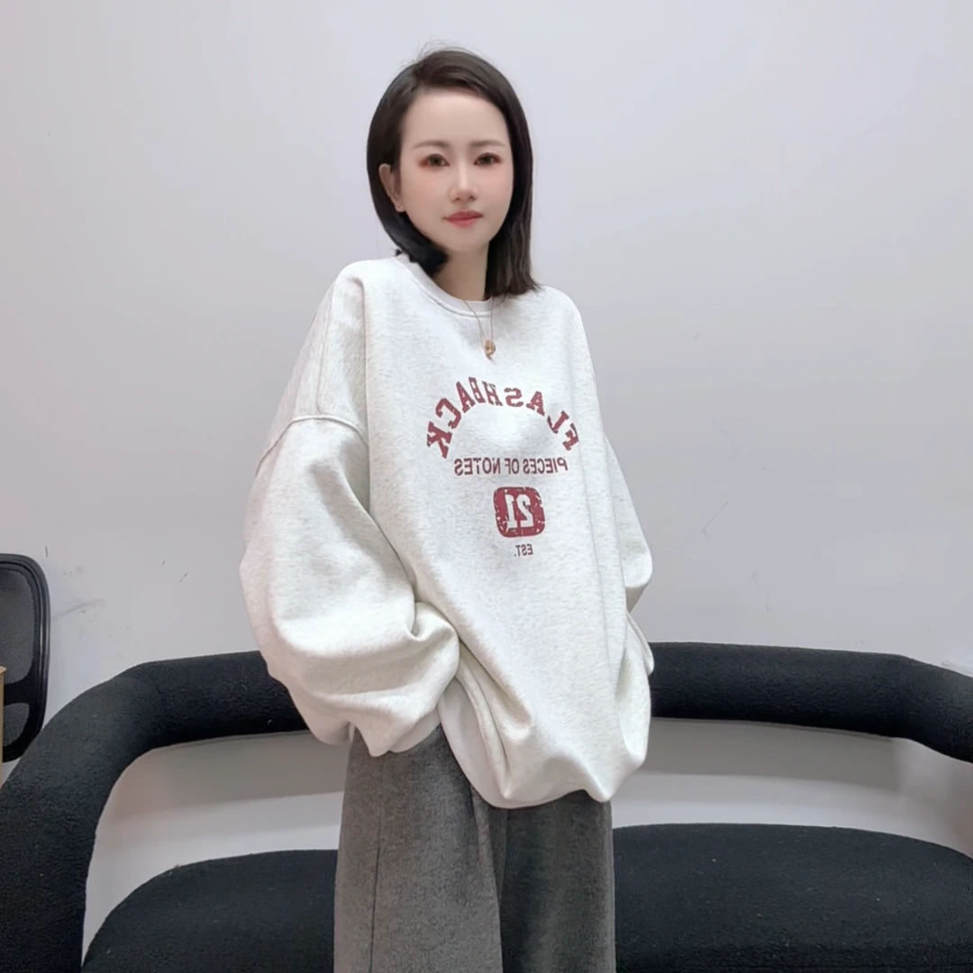 【思墨严选】656美式复古字母数字印图宽松休闲宝宝绒圆领卫衣