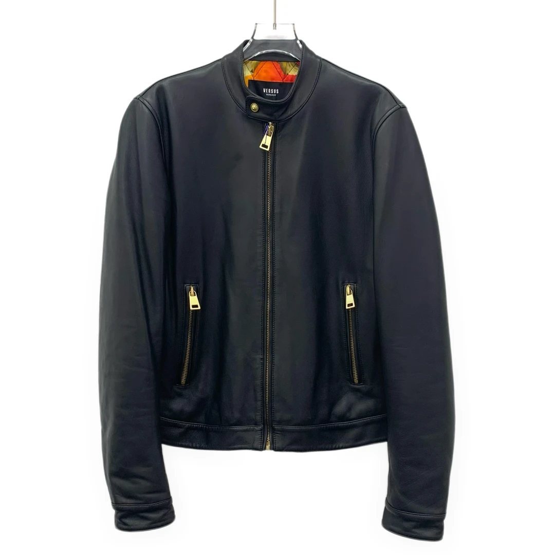 95新 VERSACE/范思哲 JM0784 黑色拉链长袖皮衣夹克外套 46 S码