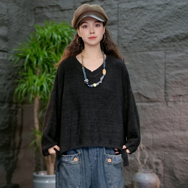【针织衫长袖百搭】宽松纯色女针织薄款加厚镂空文艺套头毛衣