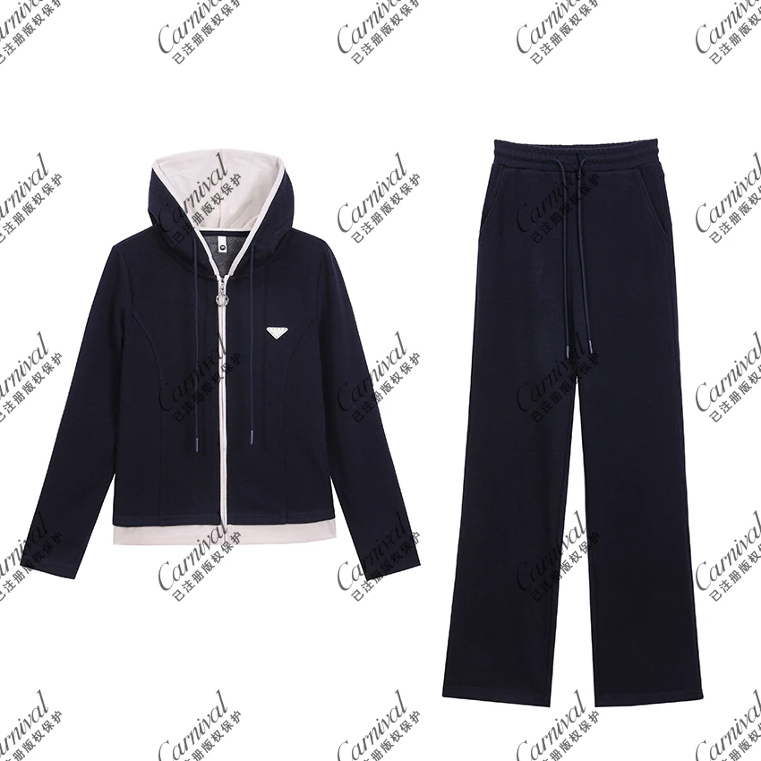 秋季新款简约撞色设计拉链休闲百搭连帽开衫宽松套装J5827