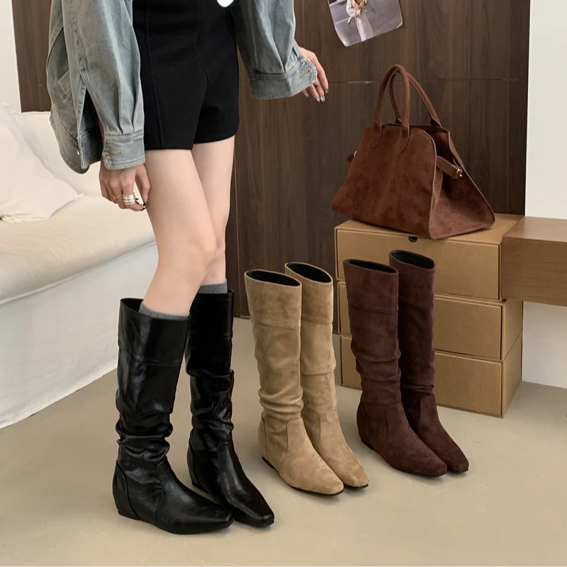 NQL-1399-1内增高堆堆靴女春秋新款小个子西部牛仔靴长靴骑士靴