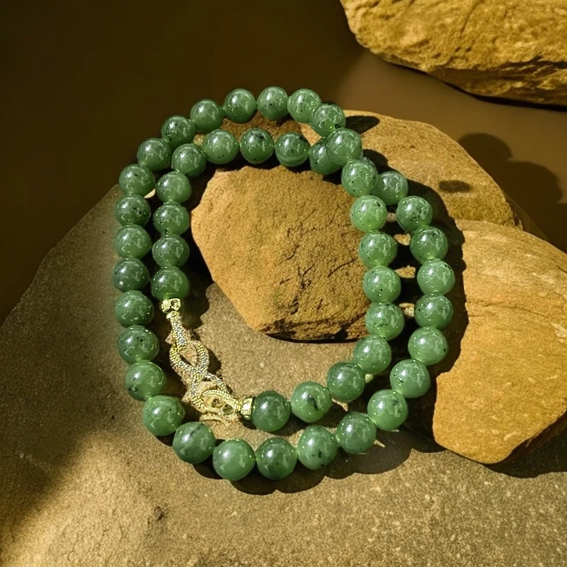 潮戴珠宝   纯天然和田玉碧玉珠链卡10珠体