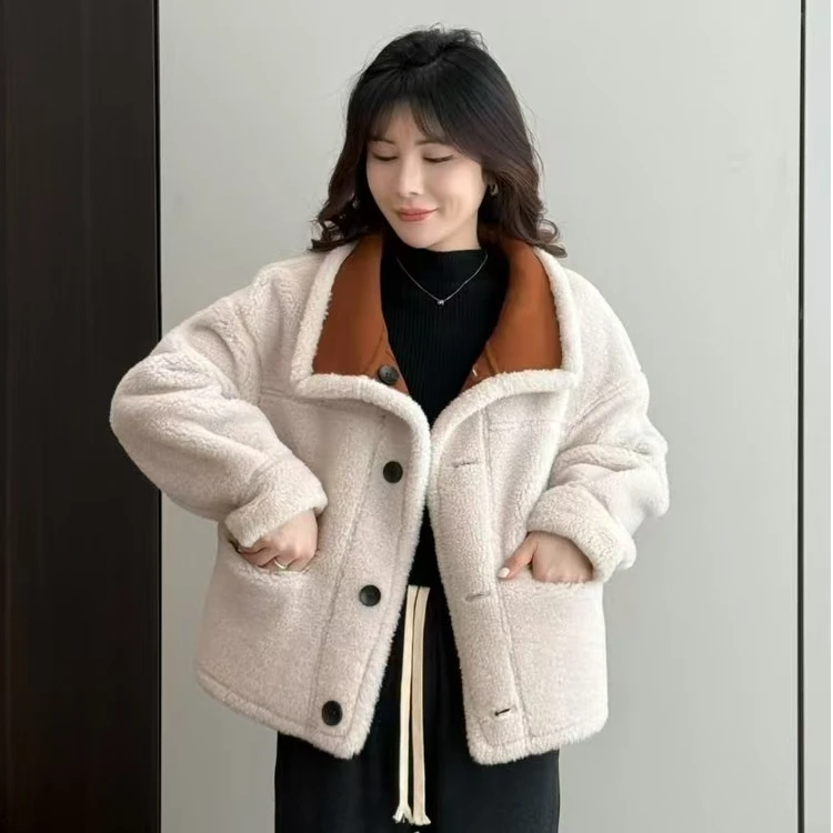两面穿冬季仿麂皮绒机车服棉服外套女2024新款加绒皮毛一体上衣