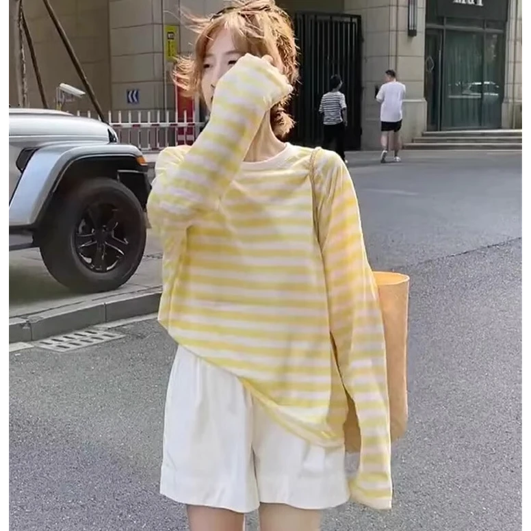 撞色条纹薄纱防晒衣罩衫女夏季2025新款休闲宽松薄款长袖t恤上衣