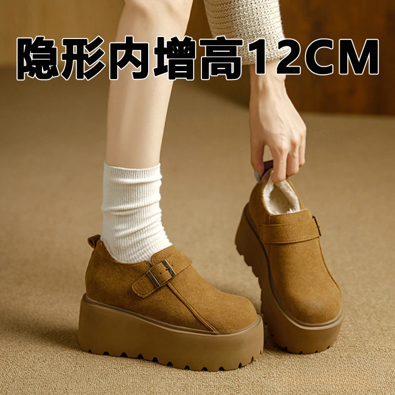 真皮12cm加绒百搭勃肯鞋内增高厚底秋冬新款增高10-12厘米女鞋
