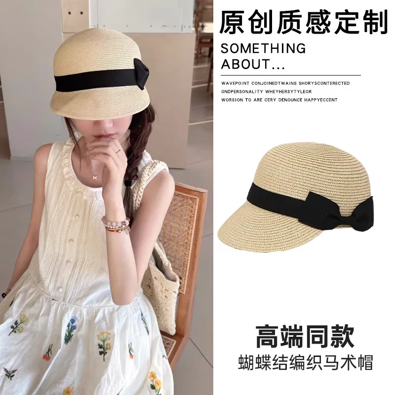 蝴蝶结圆顶草编鸭舌帽女夏季户外显脸小减龄草帽防晒遮阳马术帽子