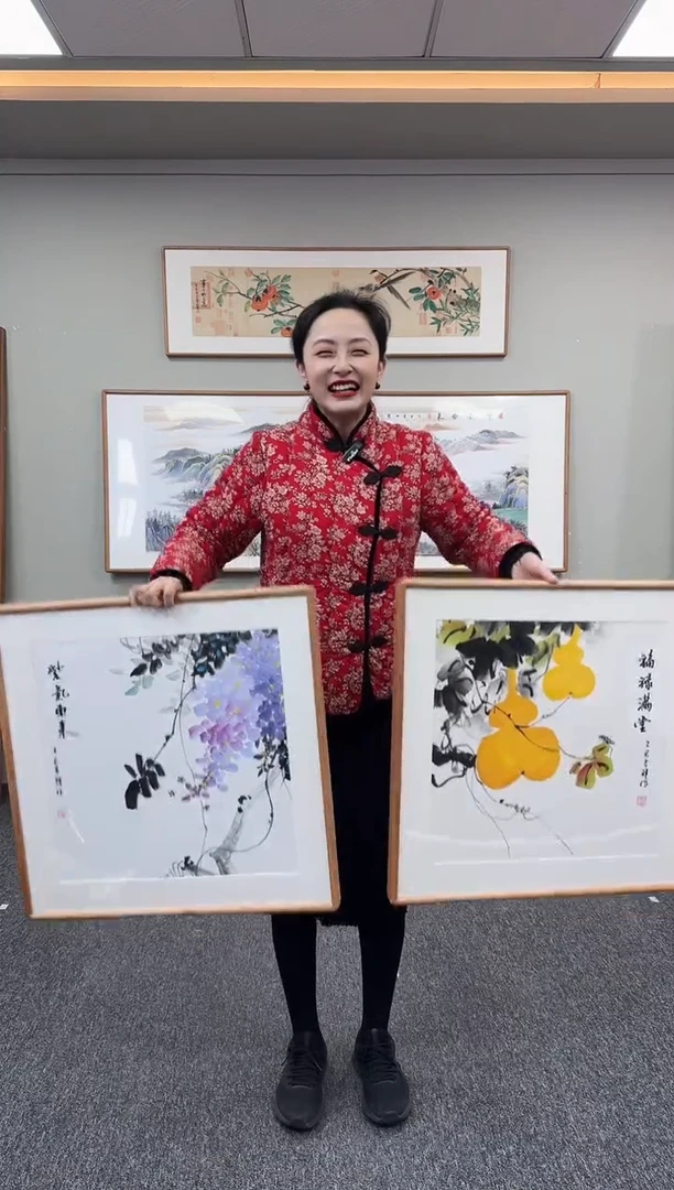 国画一对 紫藤花60*60+葫芦60*60