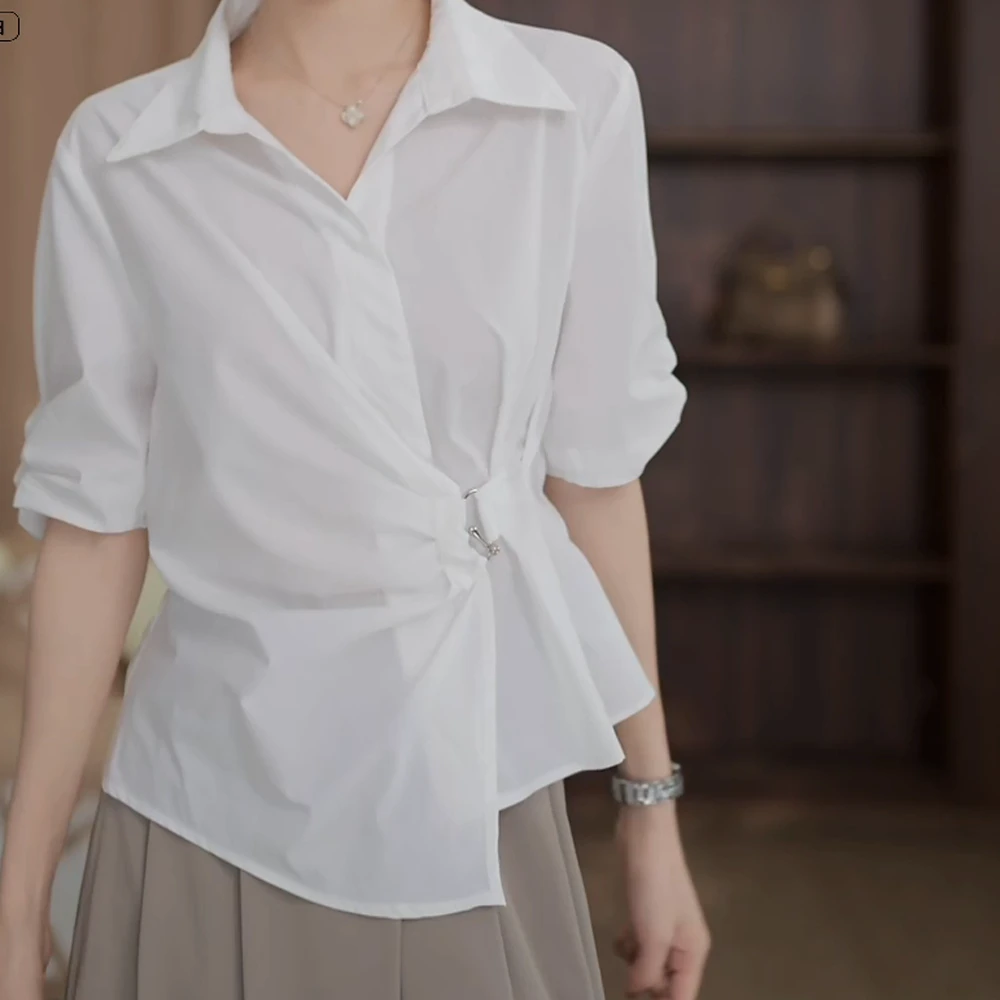 【单车恋人】轻奢气质不规则收腰显瘦短袖衬衫
