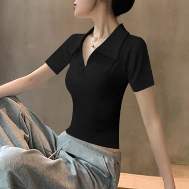欧货黑色polo领V领短袖t恤女2025年新款夏季正肩修身显瘦洋气上衣