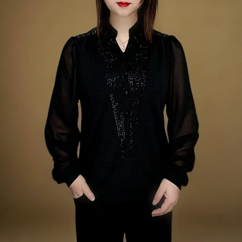 春季时尚洋气百搭立领烫钻宽松遮肉显瘦小衫高贵气质长袖上衣女