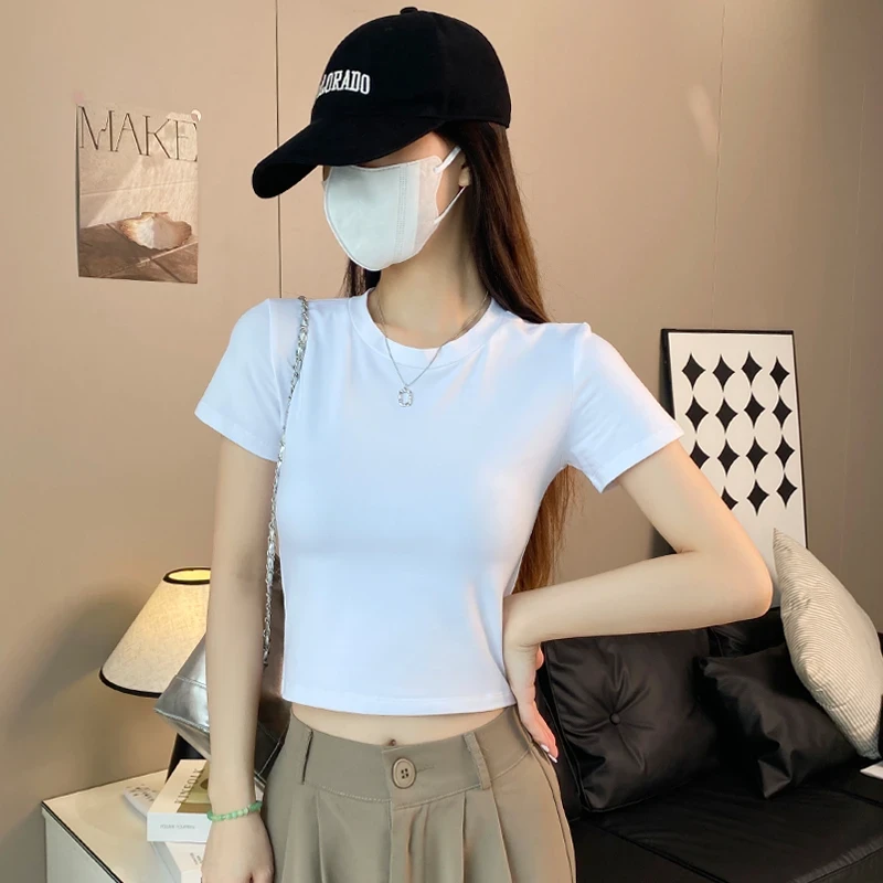 白色短袖t恤女2025夏季修身高腰打底衫短款露脐辣妹显瘦百搭上衣