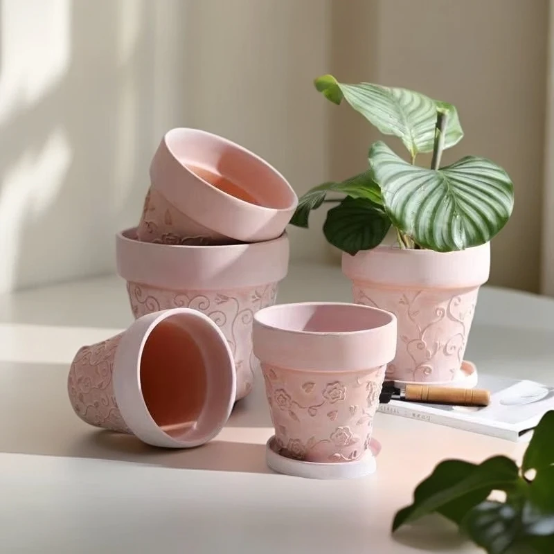 透气红陶多肉花盆雾化白浮雕陶盆陶土朱顶红透气红陶蝴蝶兰陶土盆