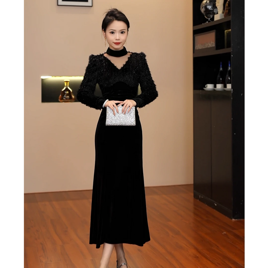 GERUIOUDIAN/格芮欧典3152法式冬款名媛V领收腰显瘦连衣裙QH