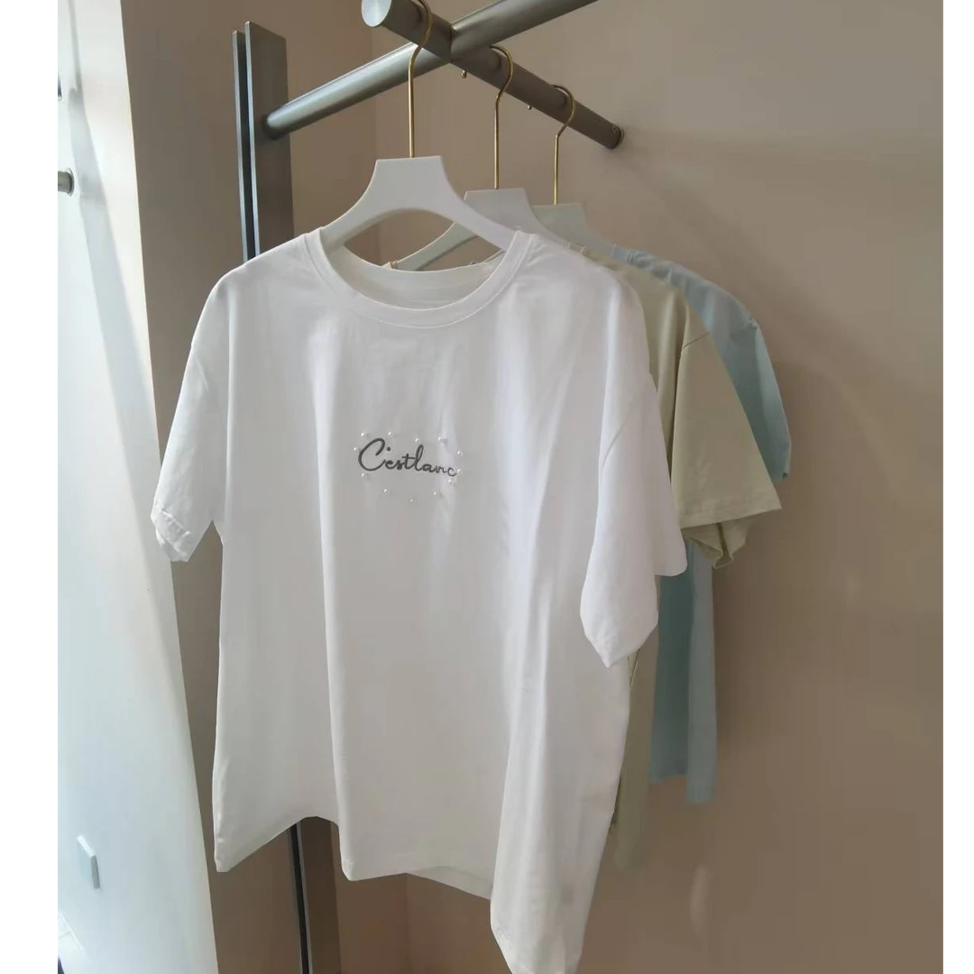 珍珠短袖圆领T恤蝴蝶结短袖t恤宽松舒适简约大版半袖