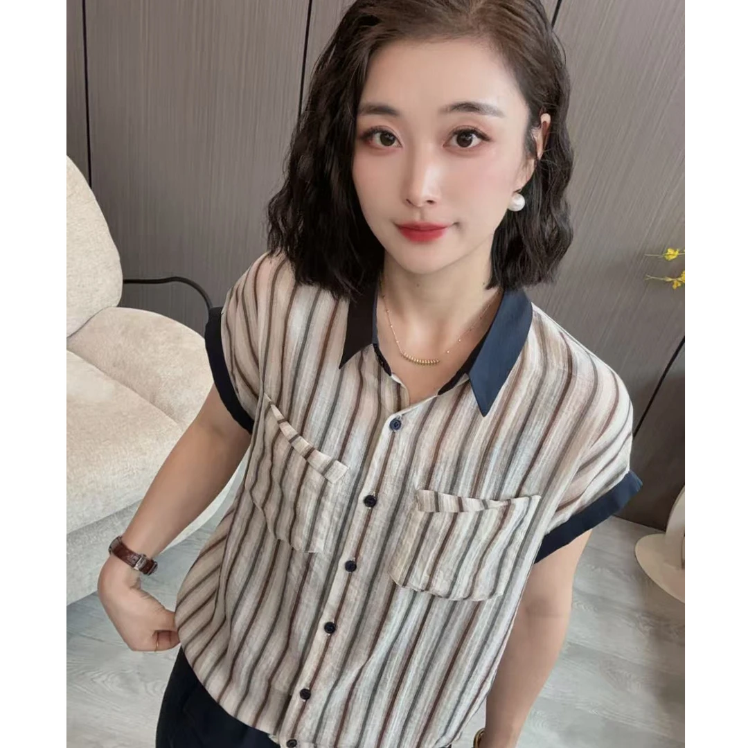 【海片】5240女士休闲时尚条纹衬衫百搭显瘦翻领撞色小衫