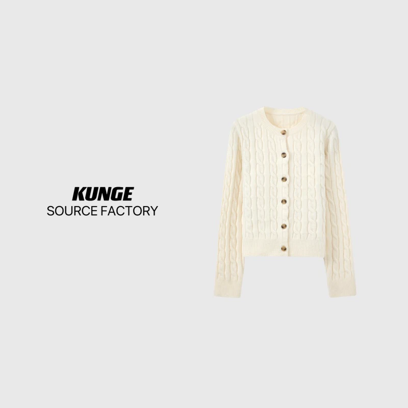 KUNGE 时尚绞花圆领长袖百搭单排扣羊毛针织开衫-8505