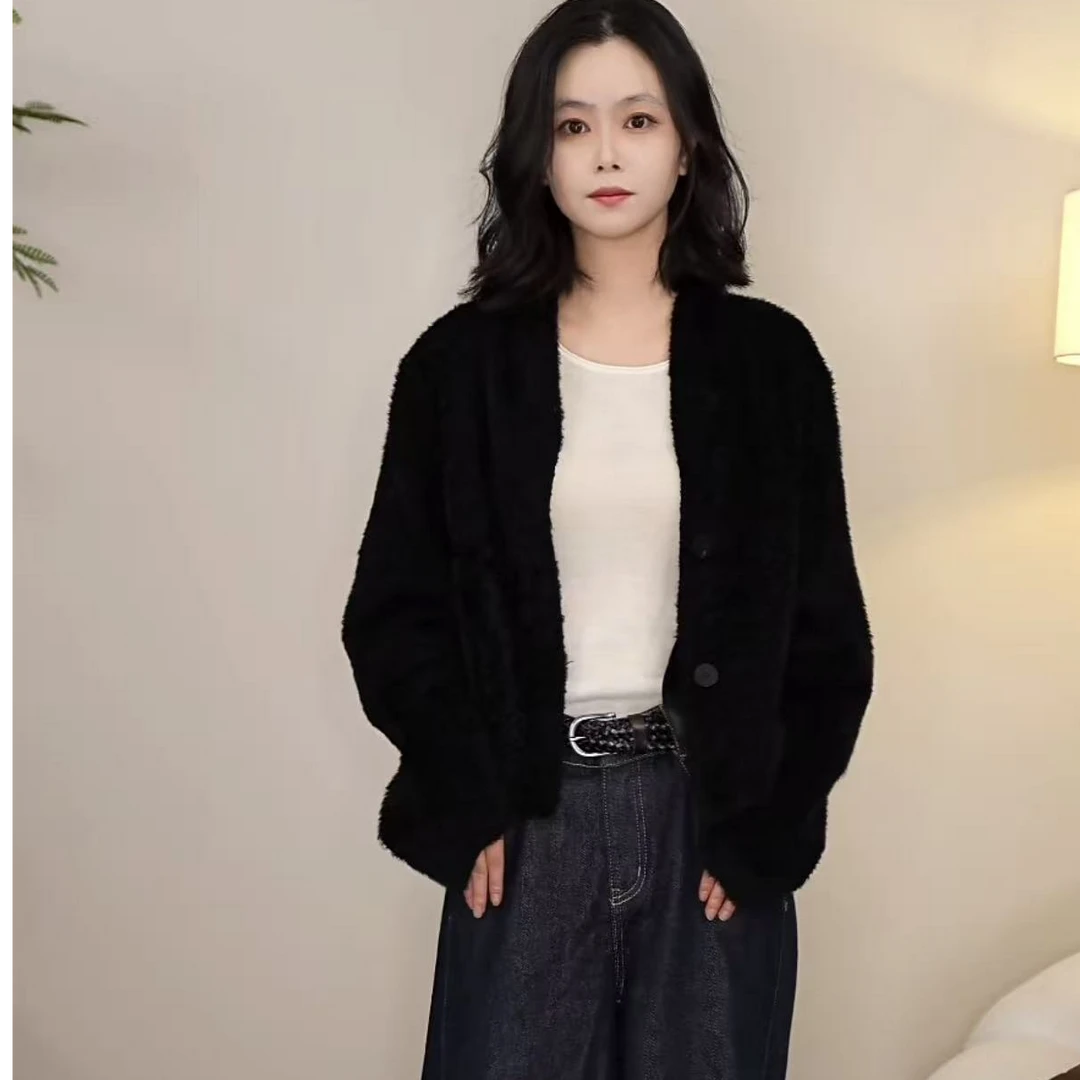 柏娜诺 (黑珍珠）法国阿尔卑斯超薄小拉贡羊皮羊毛一体秋冬外套