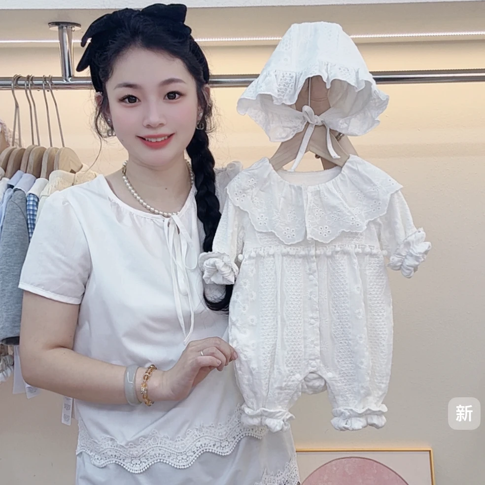 【在逃公主】新款春秋款白色双层可爱洋气刺绣花花高级外出服连体衣