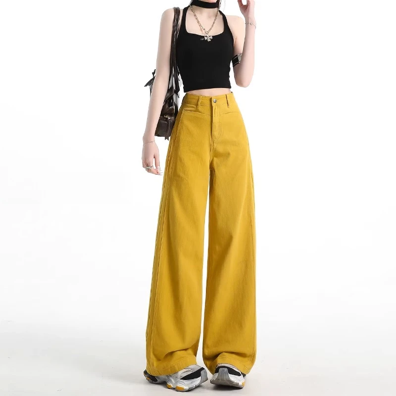 拉夏贝尔黄色牛仔阔腿裤女高腰直筒洋气时髦2025秋季休闲拖地裤子