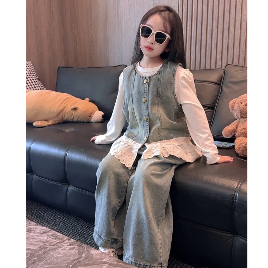 女童马甲三件套春秋2025新款儿童韩版洋气阔腿裤大童女孩针织背心