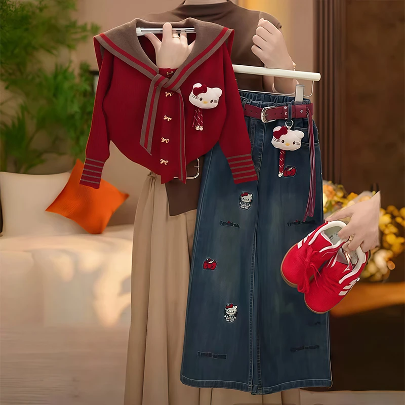 女童海军领毛衣牛仔裤套装2025新款春秋针织衫外套卡通刺绣阔腿裤