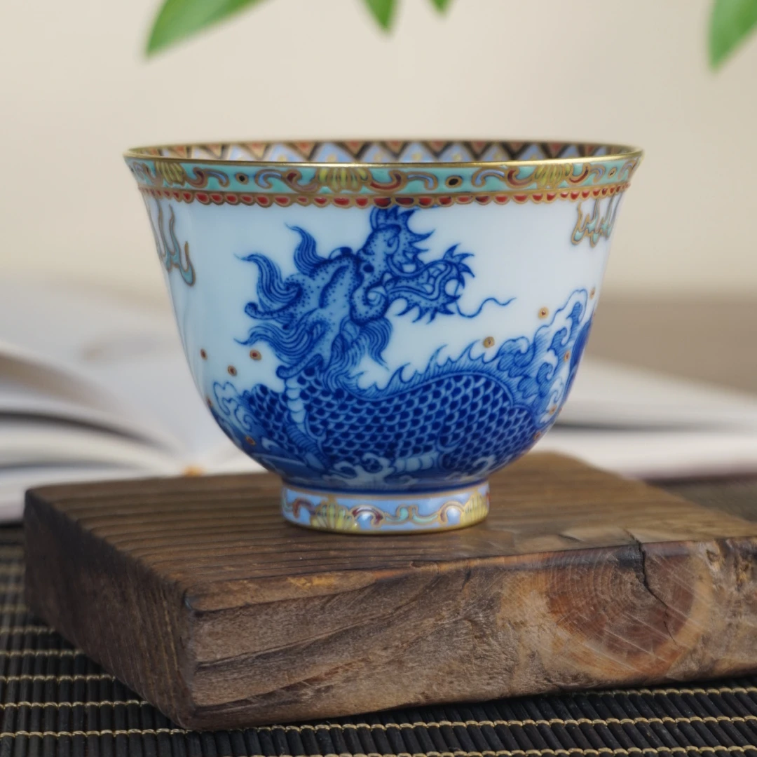 敦煌珐琅彩麒麟杯手工手绘陶瓷青花主人杯茶杯