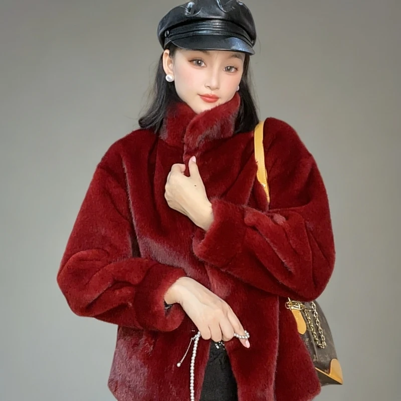 【裕杰服饰】卡扣皮毛一体貂绒立领短款时尚女士立领短款外套