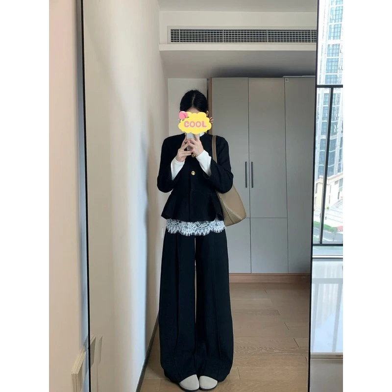 大码小香风半高领蕾丝上衣气质名媛风外套显瘦长裤套装女6008#