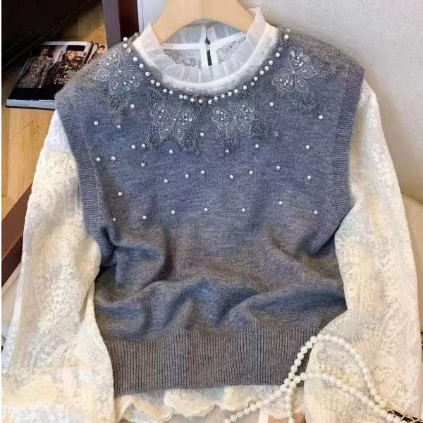 9901 微胖妹妹大码钉珠针织毛衣马甲女秋冬洋气显瘦坎肩