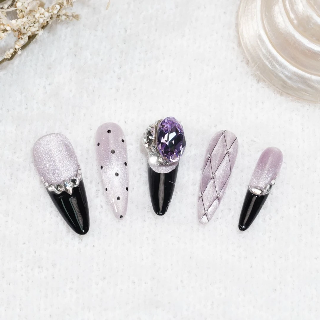 【暮紫罗裙】全华施华洛华子紫色手绘满钻长款显白新年穿戴甲