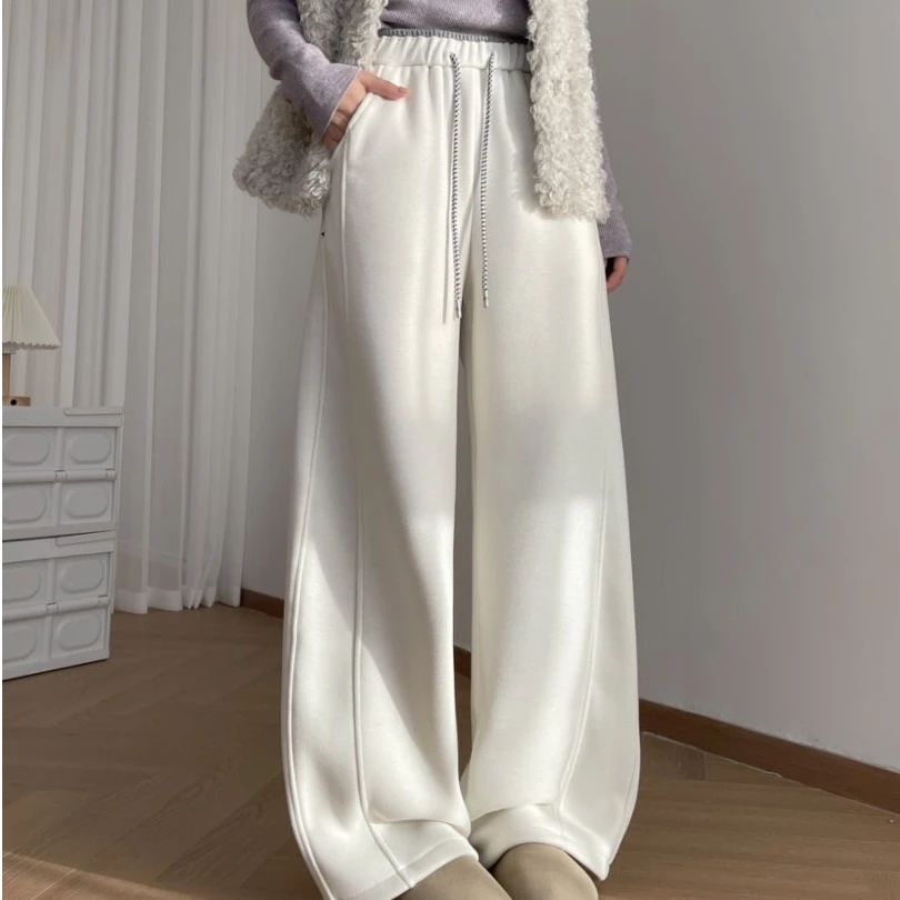 冬季新款加绒弯刀裤高腰显瘦镰刀裤抽绳撞色阔腿休闲卫裤