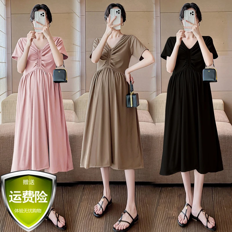 孕妇装夏季新款时尚宽松显瘦气质V领外出可哺乳中长款孕妇连衣裙